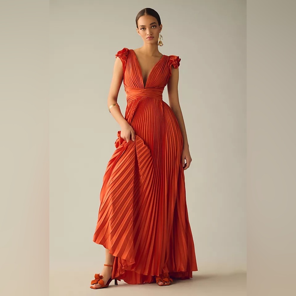 Mac Duggal Pleated Flutter Sleeve Deep-V Lace-Up … - image 1